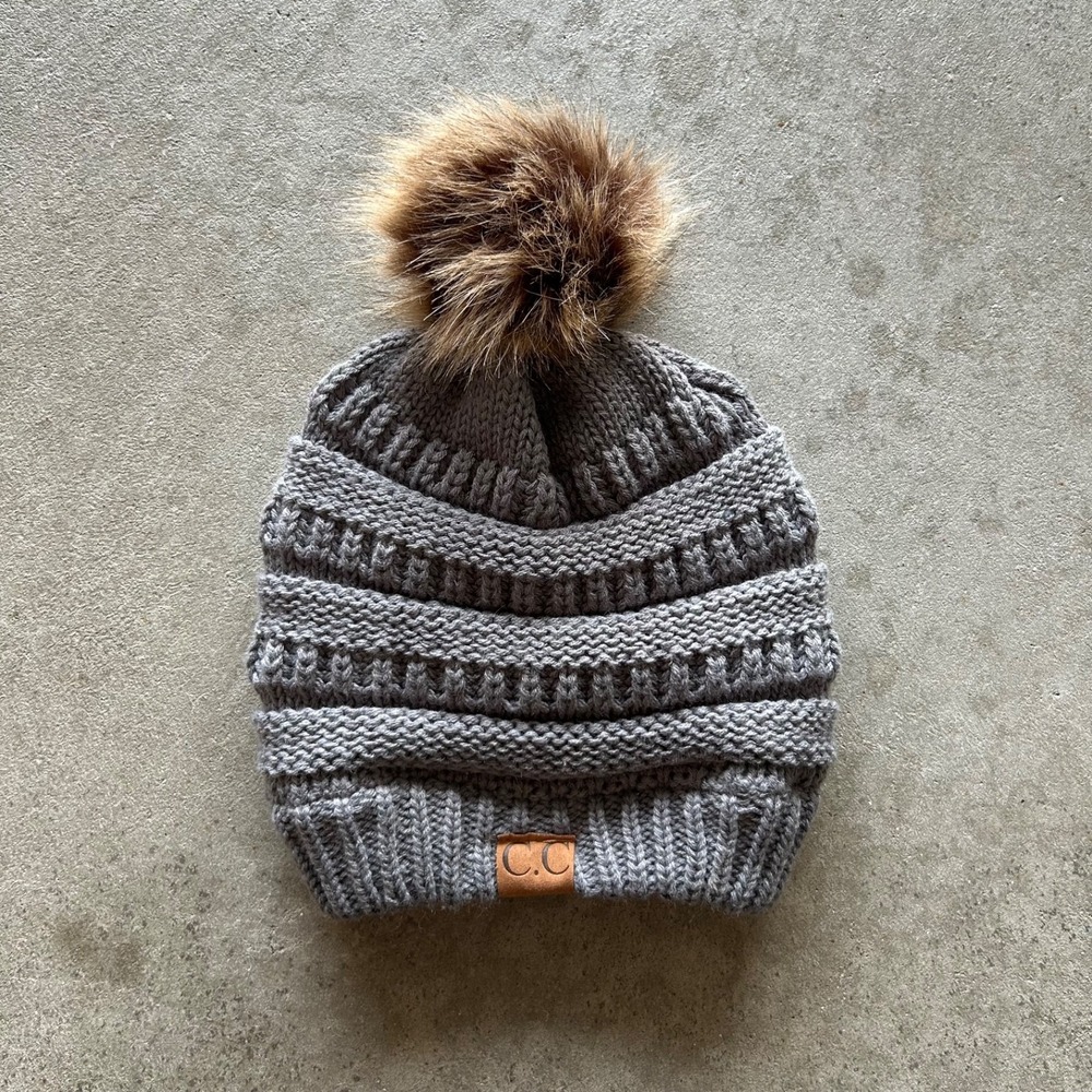 CC Cable Knit Pom Beanie Hat Cap One Size Knit Fleece Lined Faux Fur Womens